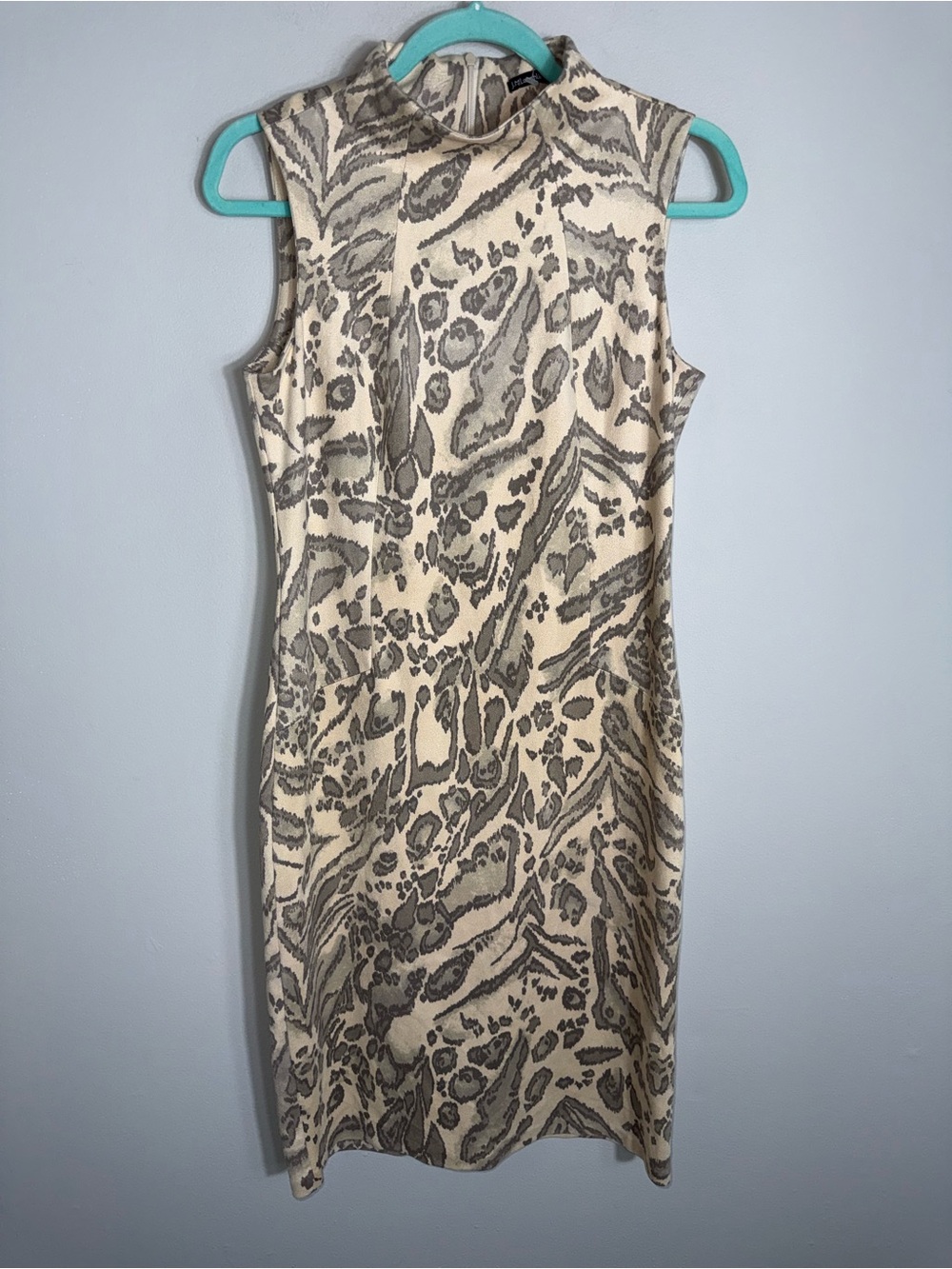 J McLaughlin Sleeveless Sheath Dress-Faux Suede-Tan Animal Print-Size Small